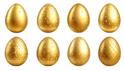 Eight golden Easter eggs with different textured designs, on a plain background