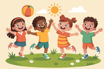 Cheerful diverse kids playing outdoors on a sunny day. multicultural children enjoying summer playtime, friendship, and outdoor fun in bright and playful cartoon vector design.
