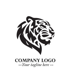 Powerful Head of Tiger Logo Symbol in Black on White Background with Bold Modern Minimalist Design