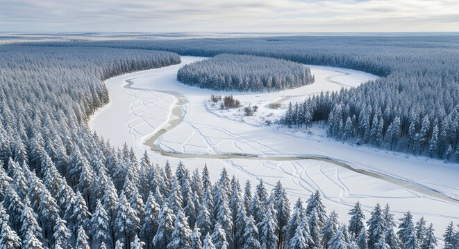 Breathtaking aerial view of a snow-covered forest and frozen river in winter wonderland landscape