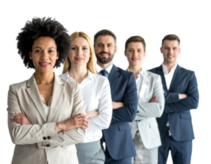 Diverse professionals smiling, arms crossed, lined up, against a transparent background. Professional, formal, and confident