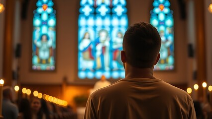 chant. A solitary worshipper in a church, bathed in warm candlelight, reflecting devotion and tranquility. event programs, museum guides, designed for cultural heritage projects and event programs.