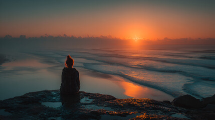 Solitary Figure Watching Sunset Over Ocean Waves | Peaceful Coastal Reflection & Golden Hour Mood