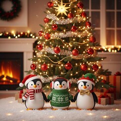 Delightful Holiday Moment Featuring Penguins Dressed for Winter Next to a Sparkling Christmas Tree