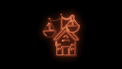 Glowing neon legal building with scales of justice animation for corporate or law