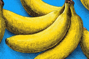 Several yellow bananas on bright blue textured background