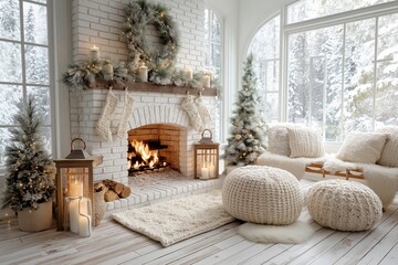 Obraz premium Cozy Winter Living Room Featuring a Warm Fireplace, Festive Decorations, and Rustic Touches Surrounded by Snowy Scenery