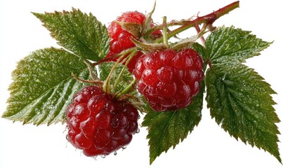Raspberries on stem with green leaves, close-up detail