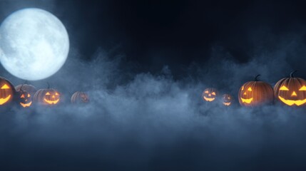 Spooky Jack O'Lanterns and Moonlit Night: A captivating scene of carved pumpkins illuminated with an eerie glow against a backdrop of a full moon, shrouded in a mystical fog.