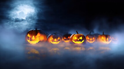 Spooky Halloween Night: An eerie display of illuminated carved pumpkins, their glowing faces peering out from the shadows, shrouded in a mysterious fog under a dim moon.