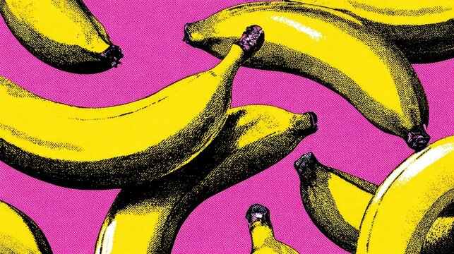 Banana bunch bright yellow fruits on a vibrant pink field