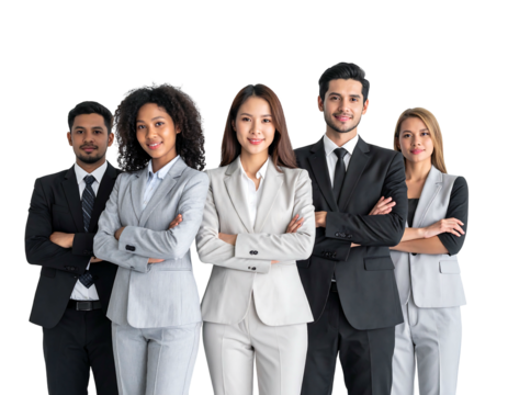 Diverse group of five professional people stand together confidently in business suits against a black backdrop