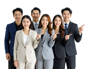 Diverse, smiling business professionals in suits point towards something unseen