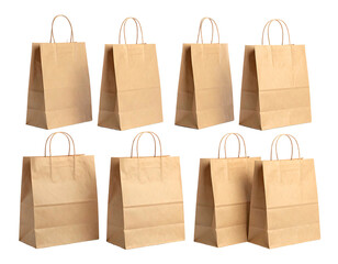 Eight plain, brown paper shopping bags with handles, arranged on a black background in a simple pattern