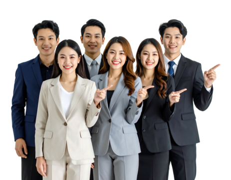 Diverse, smiling business professionals in suits point towards something unseen