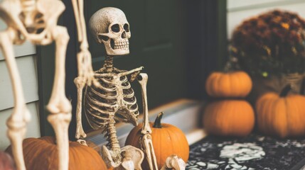 Halloween skeleton decoration on porch: A Halloween skeleton poses in front of a house, accompanied by pumpkins and autumnal decorations, creating a spooky and festive atmosphere.