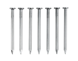 Eight shiny silver nails stand vertically in a neat row against a dark background, showing sharp points