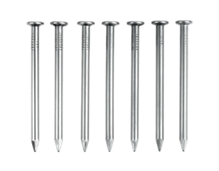 Eight shiny silver nails stand vertically in a neat row against a dark background, showing sharp points