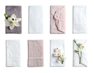 Eight neatly folded towels in soft hues, some adorned with delicate flowers, presented against a stark black backdrop