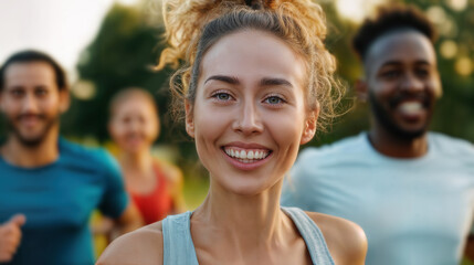 Happy runners enjoying a sunny day outdoors. The front woman has a bright smile and the background is blurred by the movement