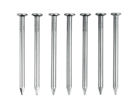 Eight shiny silver nails stand vertically in a neat row against a dark background, showing sharp points