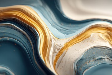 Swirling blues, golds, and whites create fluid waves