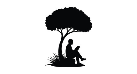 A person reading a book under the shade of a large tree in a silhouette style