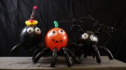 Balloon Halloween Trio: Playful balloon art creates a captivating trio of Halloween creatures, showcasing a pumpkin and spiders. Their whimsical design invites a sense of fun.