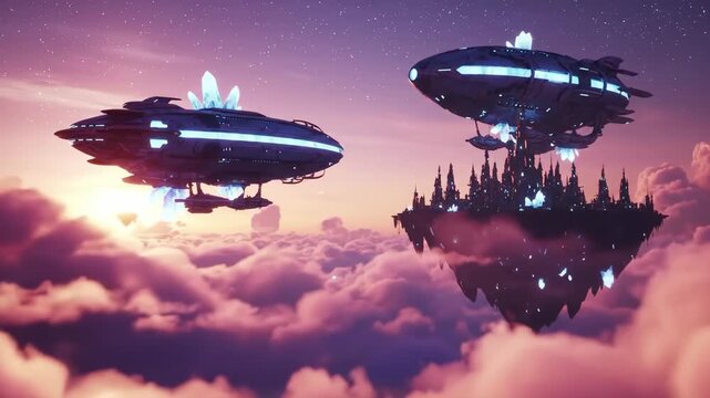 Two futuristic airships and a floating city soar above vibrant pink and purple clouds at sunset.