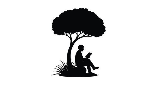 A person reading a book under the shade of a large tree in a silhouette style