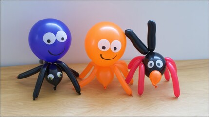 Balloon Creature Trio: A delightful trio of whimsical creatures, each crafted from colorful balloons, stand together to spark curiosity and joy.