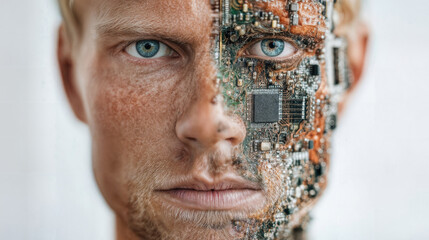 A striking conceptual image portraying a human face juxtaposed with intricate technological circuitry, sparking contemplation on the convergence of humanity and technology