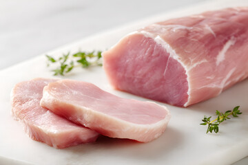 Whole and Sliced Fresh Pork Tenderloin on Marble Surface with Herbs Ready for Culinary Preparation