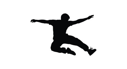 Dynamic silhouette of a man in mid air jump with arms outstretched against a white background silhouette