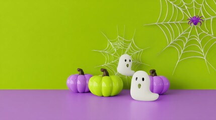 Spooky Halloween Decorations: A whimsical Halloween scene with vibrant pumpkins, cute ghosts, and a spider on a spiderweb, exuding festive charm. 