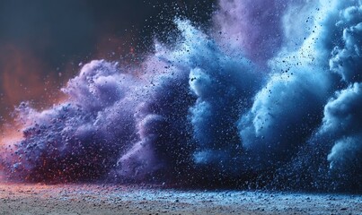 Colorful powder explosion, blues, purples, and orange hues