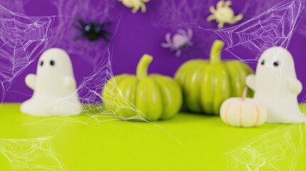 Halloween Festive Arrangement: Capturing the essence of a spooky holiday scene, with pumpkins, ghosts and spiderwebs. This festive photograph creates a playful and delightful ambiance.