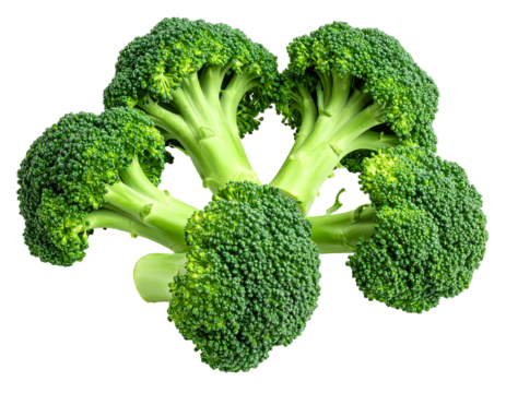 Five broccoli florets clustered together, vibrant green, isolated on a black background with intricate textured details