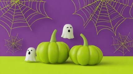 Halloween Spooktacular: A whimsical Halloween scene is set, with charming green pumpkins and playful ghosts, all set against a vibrant background, creating a festive, spooky atmosphere.