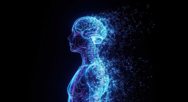 Depiction of the human body, highlighting the brain and internal systems with glowing lines and digital particles against a black backdrop, showcasing digital art illustrating the concept of...