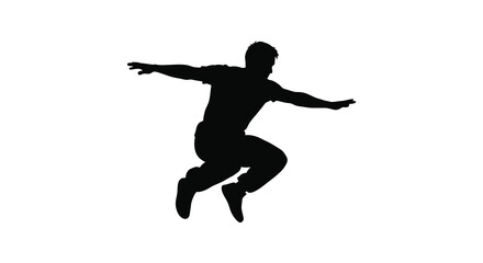 Dynamic silhouette of a male dancer performing an energetic leap with arms outstretched against a white background silhouette