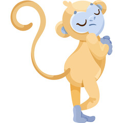 Cartoon Yellow Monkey With Blue Face Closed Eyes And Light Blue Feet Standing On One Leg And Holding Chin In Contemplative Pose With Transparent Background
