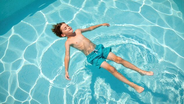 Young boy floating on his back in a swimming pool with clear blue water and sunlight reflections