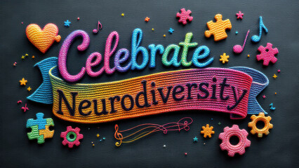 Joyful, colorful typography poster celebrates neurodiversity, inclusion and acceptance on banner for autism awareness and support on background