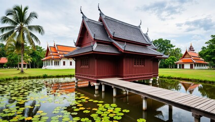 Naklejka premium Beautiful traditional thai house in ayutthaya, thailand, reflecting in the water of a lily pond