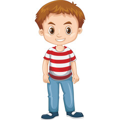 Cartoon young boy with brown hair wearing a red and white striped t-shirt and blue jeans standing against a transparent background