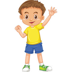 Cartoon young boy with brown hair wearing a yellow t-shirt blue shorts and white green sneakers waving hello with a cheerful expression isolated on transparent background