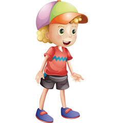Cartoon Young Boy with Curly Blond Hair Wearing a Colorful Baseball Cap and Red T-shirt Standing on Transparent Background