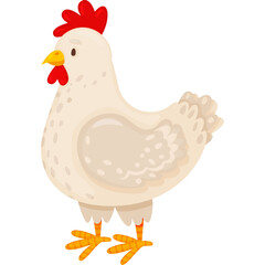Cartoon White Chicken Standing Isolated On Transparent Background With Red Comb And Yellow Beak