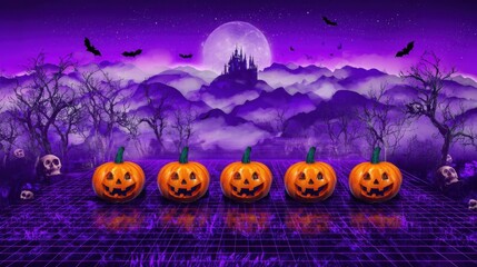 Halloween Scene: Carved pumpkins glow eerily beneath a moonlit sky, creating a spooky and atmospheric Halloween night scene.